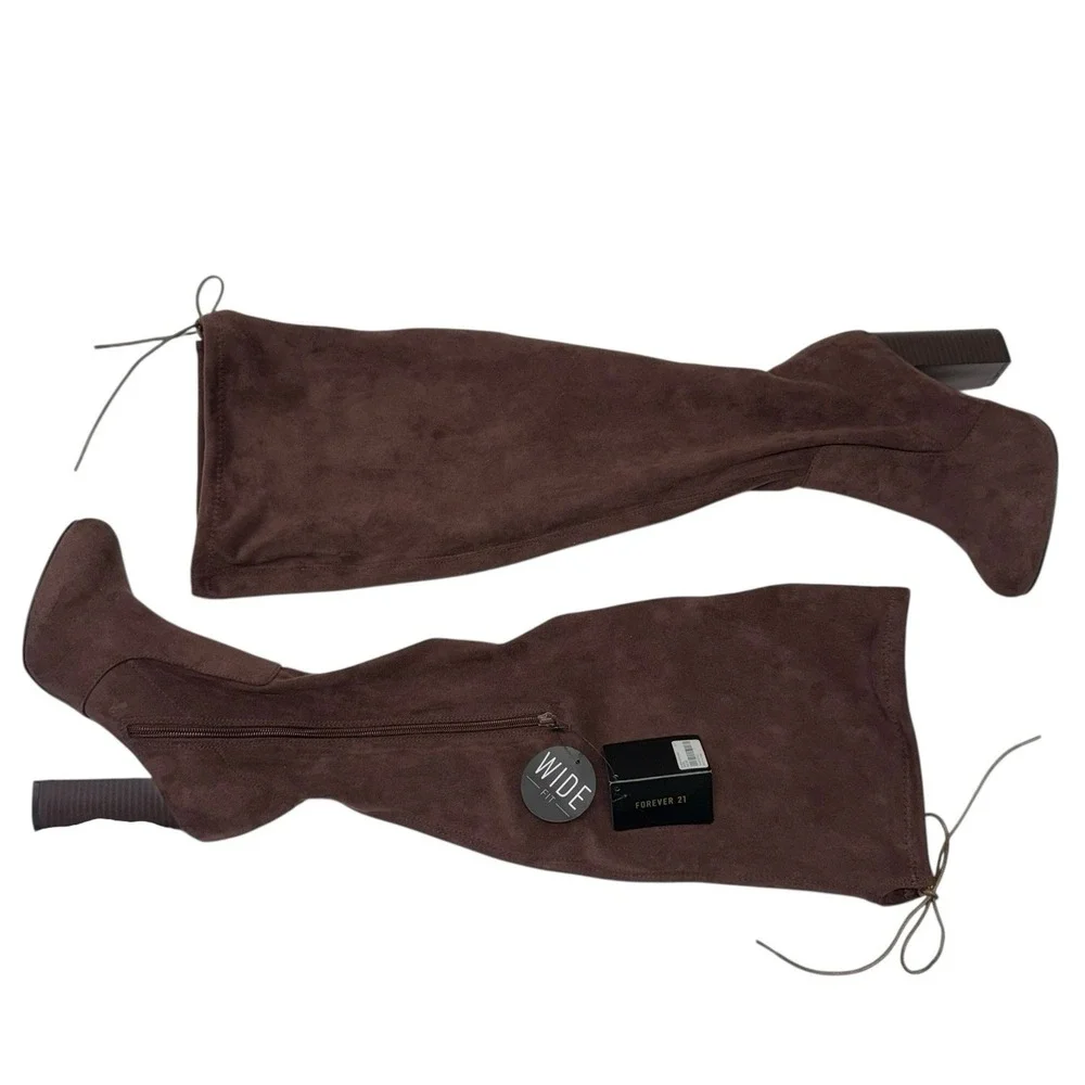 Forever 21 NEW Wide Calf Over The Knee Block Heel Brown Suede Boots Sz 7‎ S-5